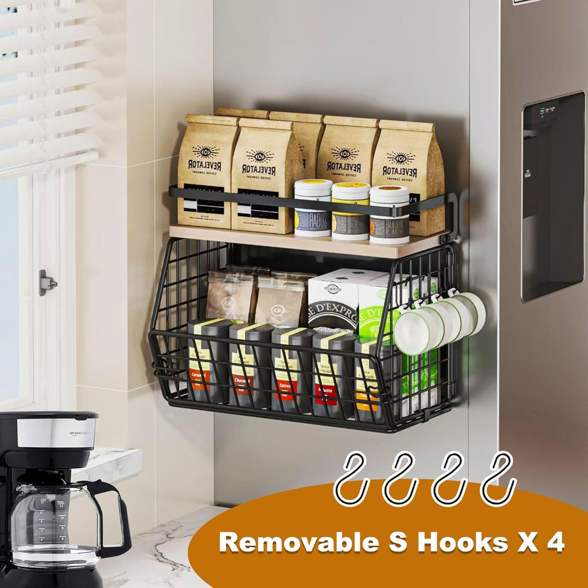 Black Magnetic Shelf for Fridge,Hanging Vegetable and Fruit Storage Bins ,Large Product Container Spice Rack for Refrigerator Kitchen Counter Pantry Single